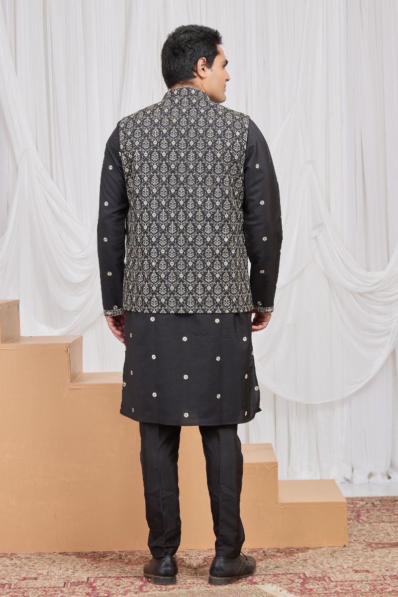 Men's Black Art Banarasi Silk Embroidered Kurta Jacket Set KF