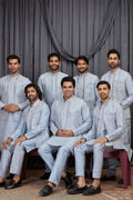 Men's Light Blue Art Banarasi Silk Embroidered Kurta Jacket Set KF