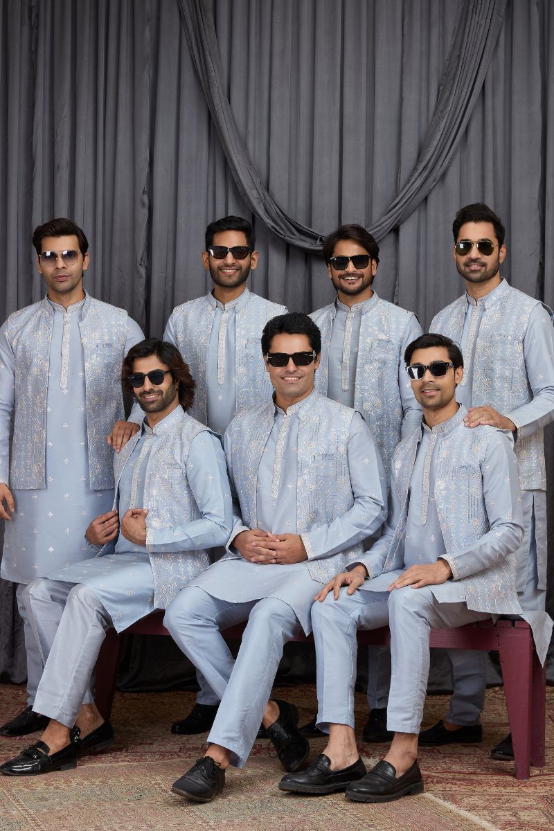 Men's Light Blue Art Banarasi Silk Embroidered Kurta Jacket Set KF