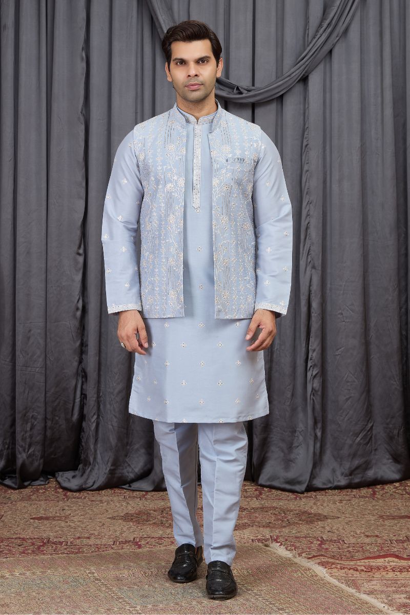 Men's Light Blue Art Banarasi Silk Embroidered Kurta Jacket Set KF