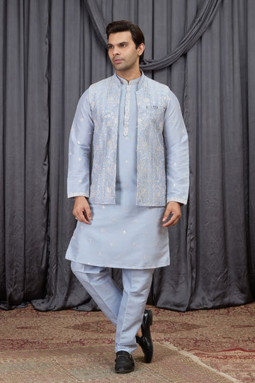 Men's Light Blue Art Banarasi Silk Embroidered Kurta Jacket Set KF
