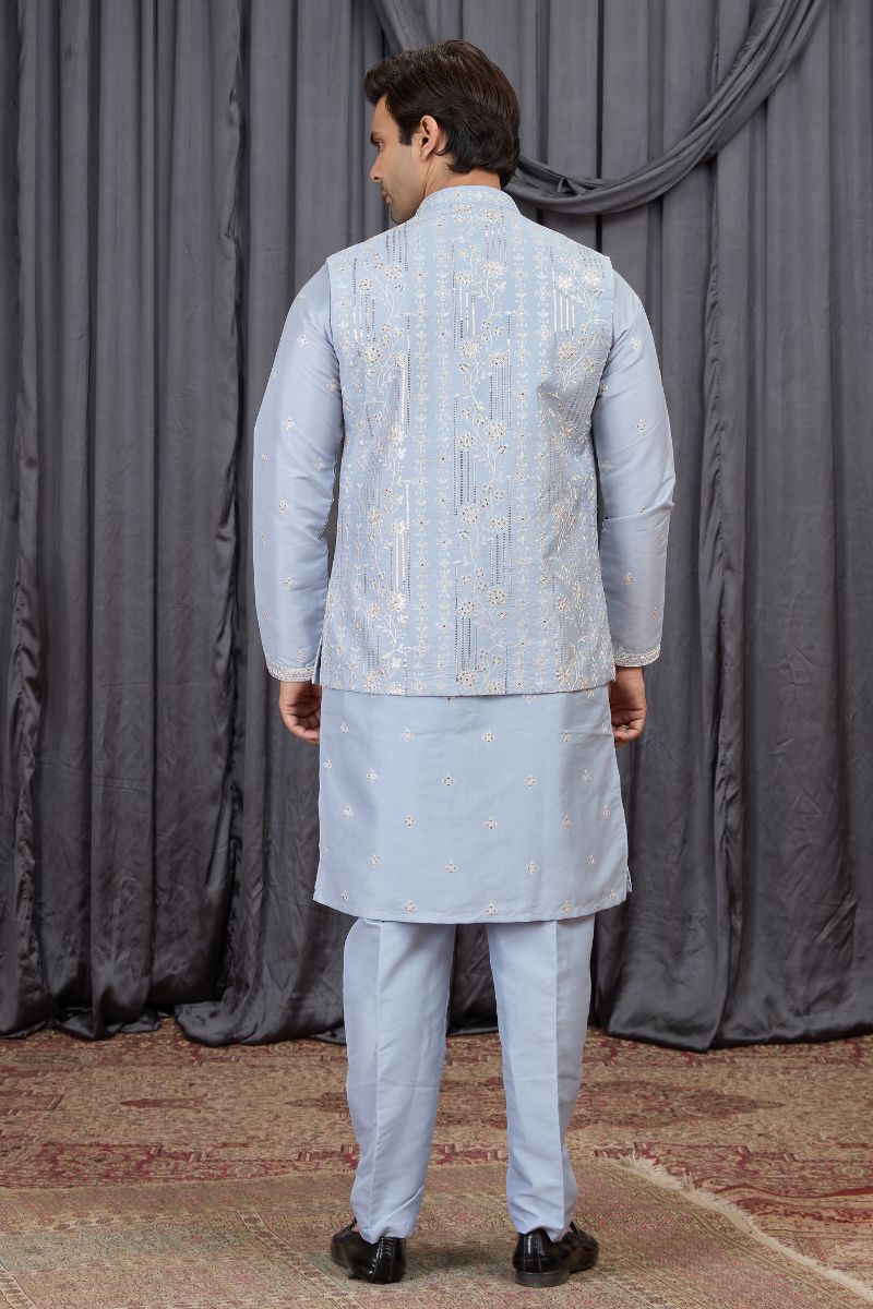 Men's Light Blue Art Banarasi Silk Embroidered Kurta Jacket Set KF