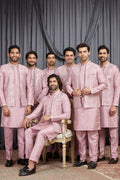 Men's Light Pink Art Banarasi Silk Embroidered Kurta Jacket Set KF