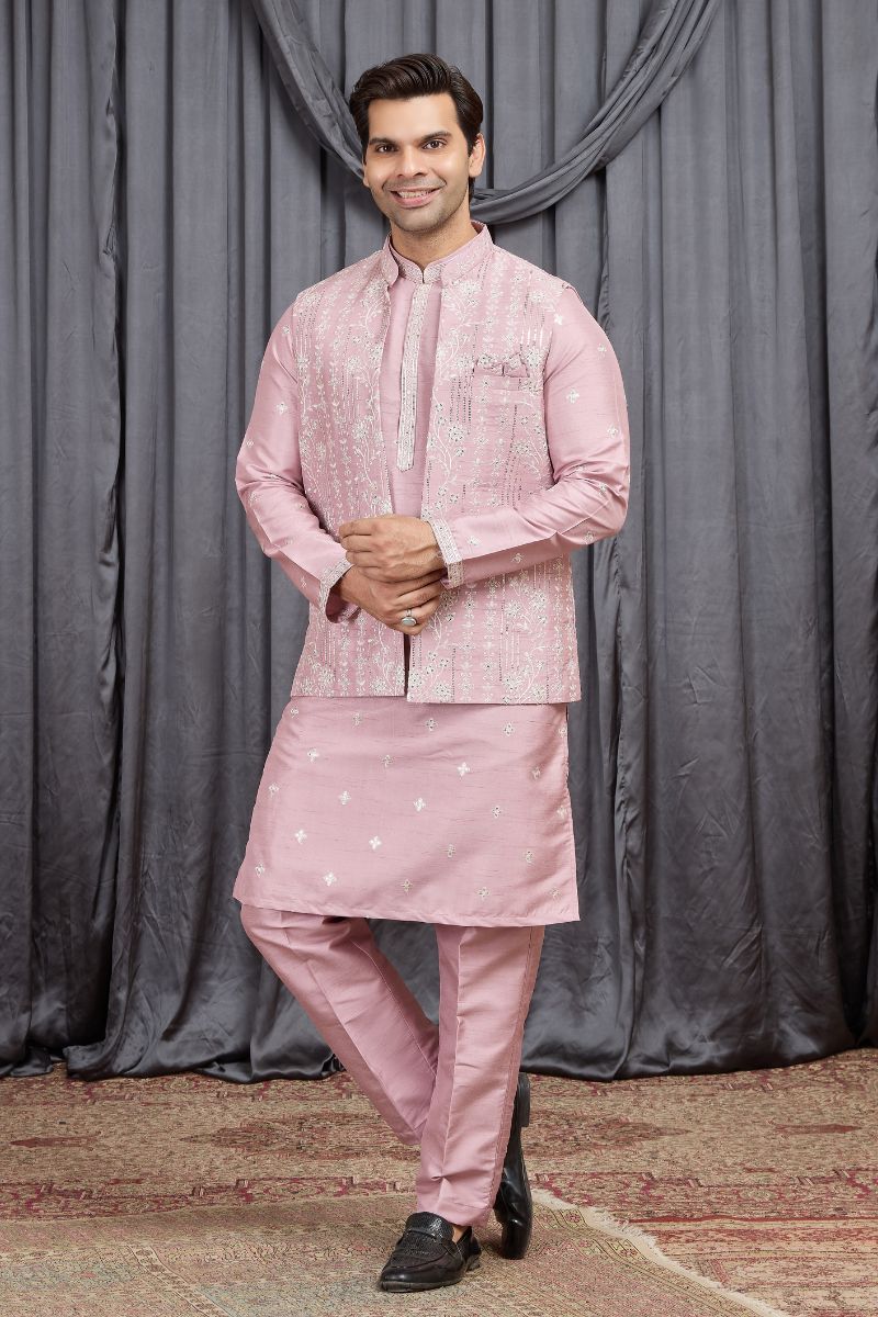 Men's Light Pink Art Banarasi Silk Embroidered Kurta Jacket Set KF