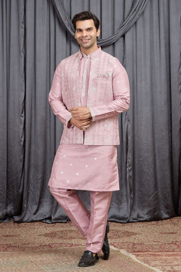 Men's Light Pink Art Banarasi Silk Embroidered Kurta Jacket Set KF