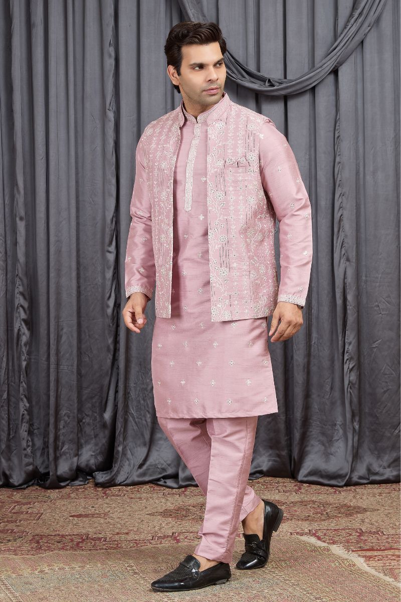 Men's Light Pink Art Banarasi Silk Embroidered Kurta Jacket Set KF
