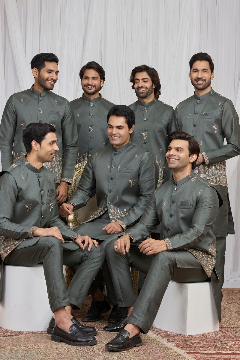 Men's Green Art Banarasi Silk Embroidered Kurta Jacket Set KF