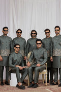 Men's Green Art Banarasi Silk Embroidered Kurta Jacket Set KF
