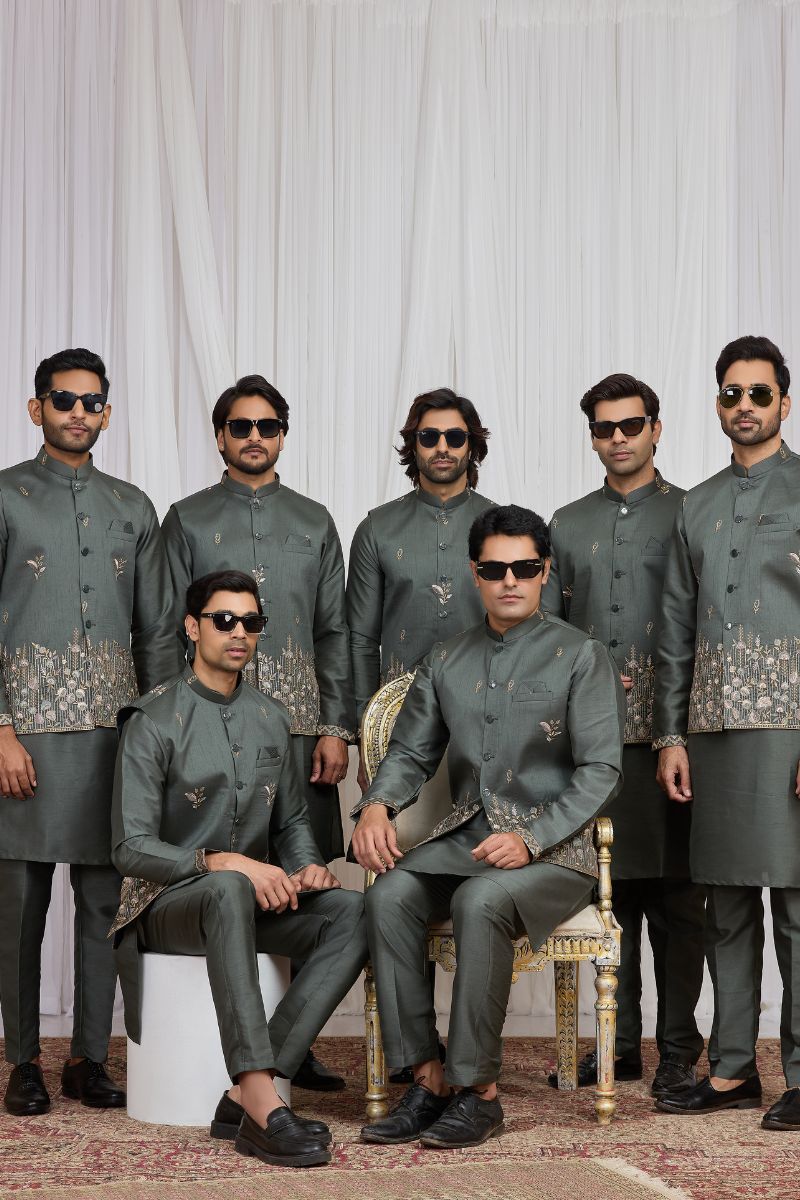 Men's Green Art Banarasi Silk Embroidered Kurta Jacket Set KF
