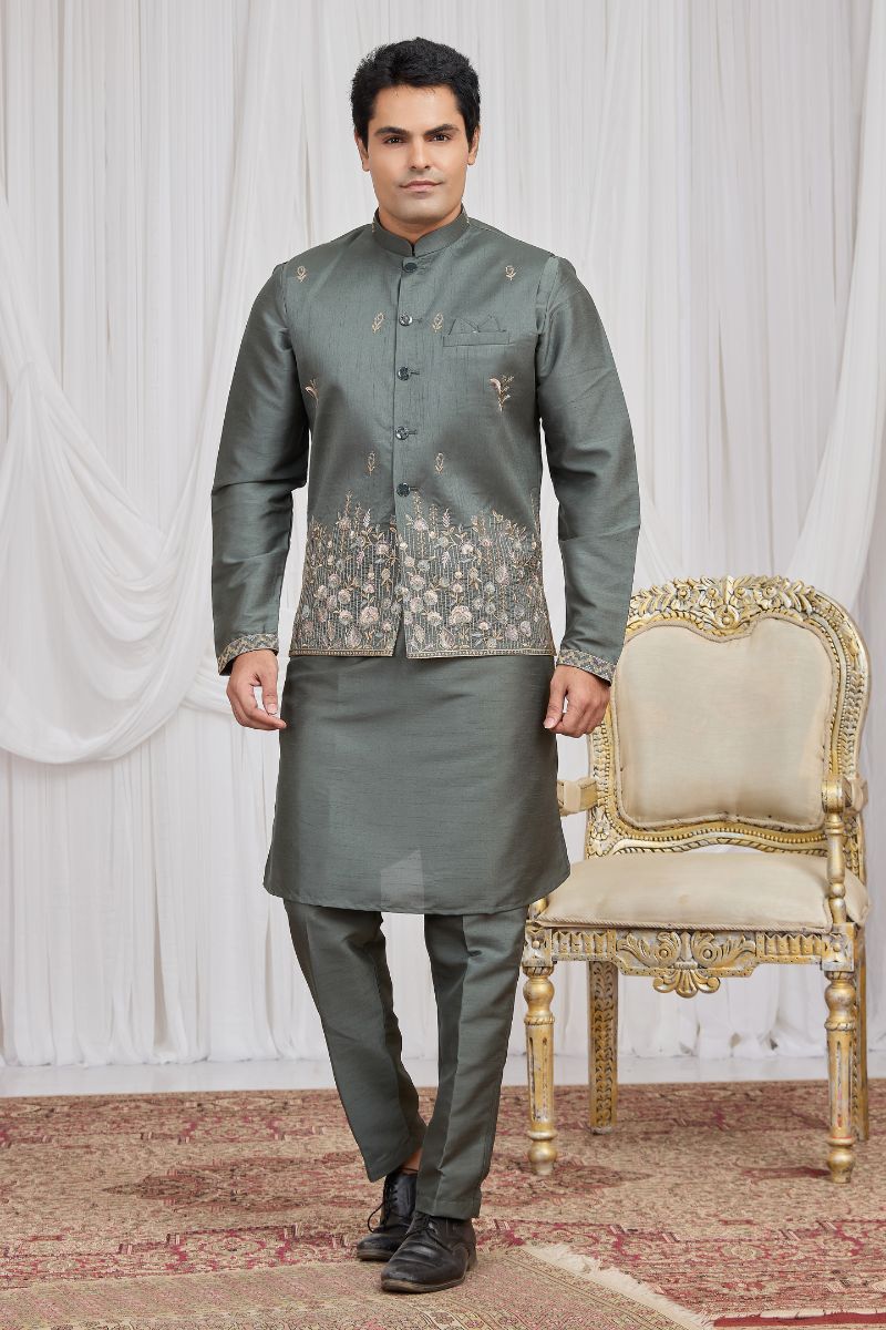 Men's Green Art Banarasi Silk Embroidered Kurta Jacket Set KF