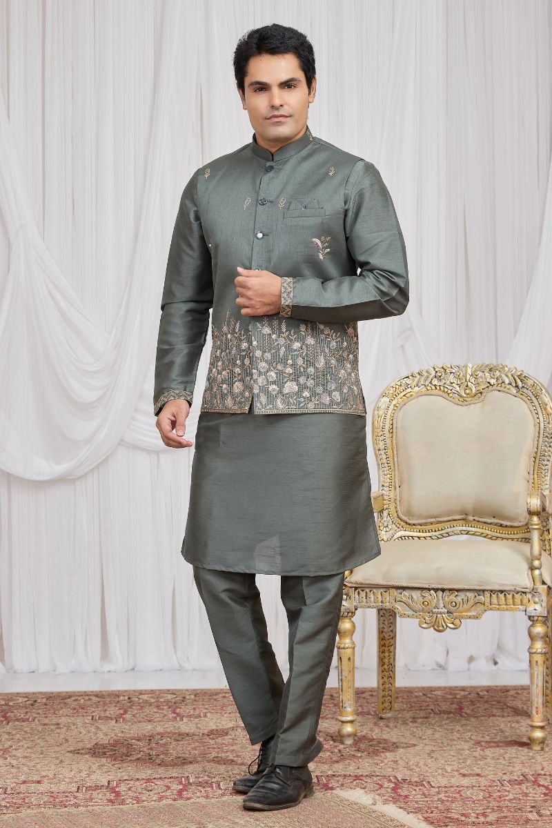 Men's Green Art Banarasi Silk Embroidered Kurta Jacket Set KF