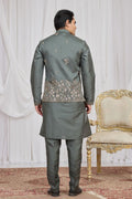 Men's Green Art Banarasi Silk Embroidered Kurta Jacket Set KF
