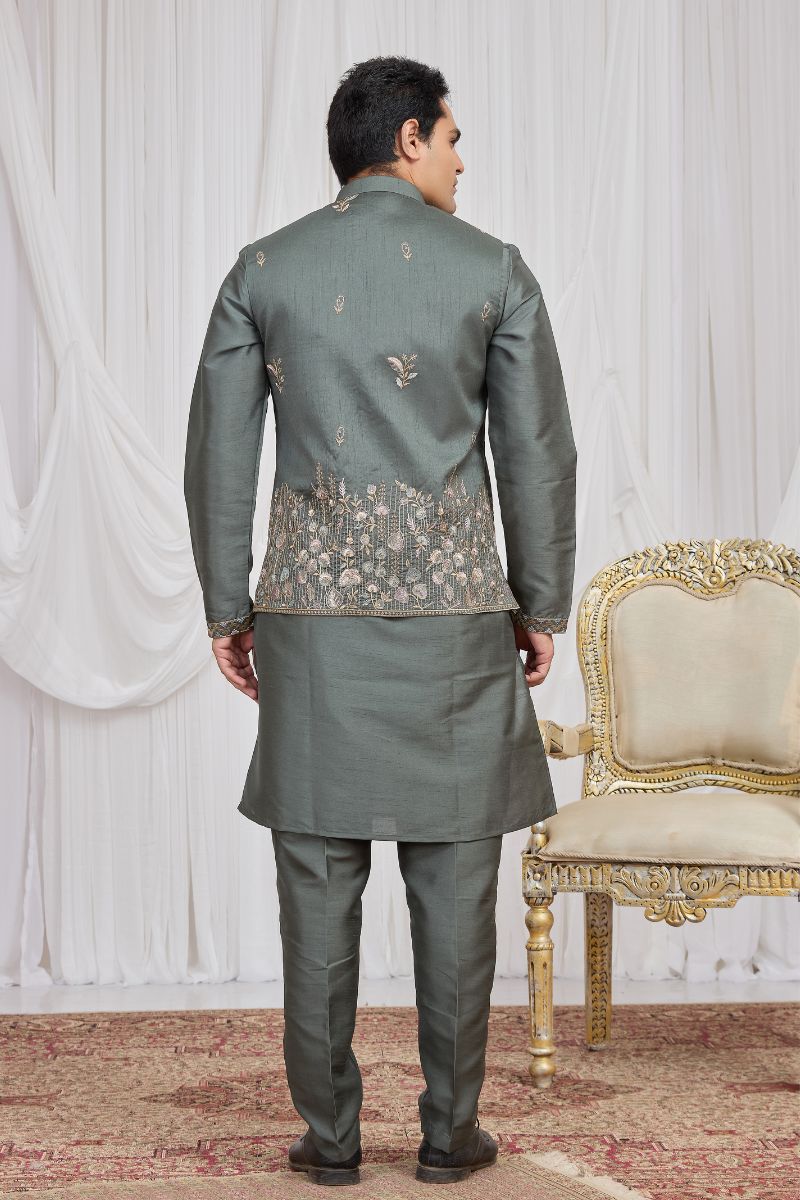 Men's Green Art Banarasi Silk Embroidered Kurta Jacket Set KF