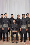 Men's Black Art Silk Embroidered Kurta Jacket Set KF