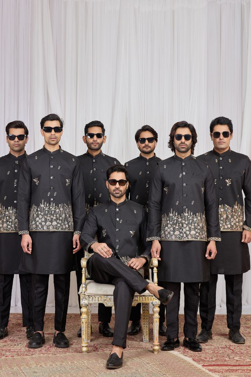Men's Black Art Silk Embroidered Kurta Jacket Set KF