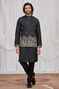 Men's Black Art Silk Embroidered Kurta Jacket Set KF
