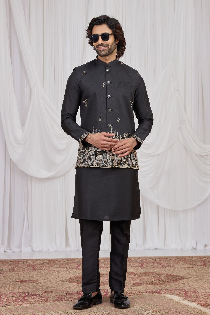 Men's Black Art Silk Embroidered Kurta Jacket Set KF