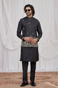Men's Black Art Silk Embroidered Kurta Jacket Set KF