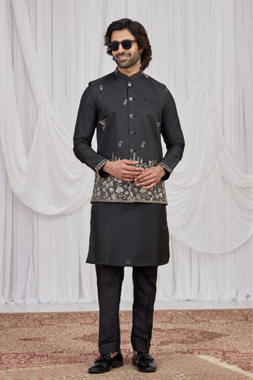 Men's Black Art Silk Embroidered Kurta Jacket Set KF