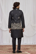 Men's Black Art Silk Embroidered Kurta Jacket Set KF