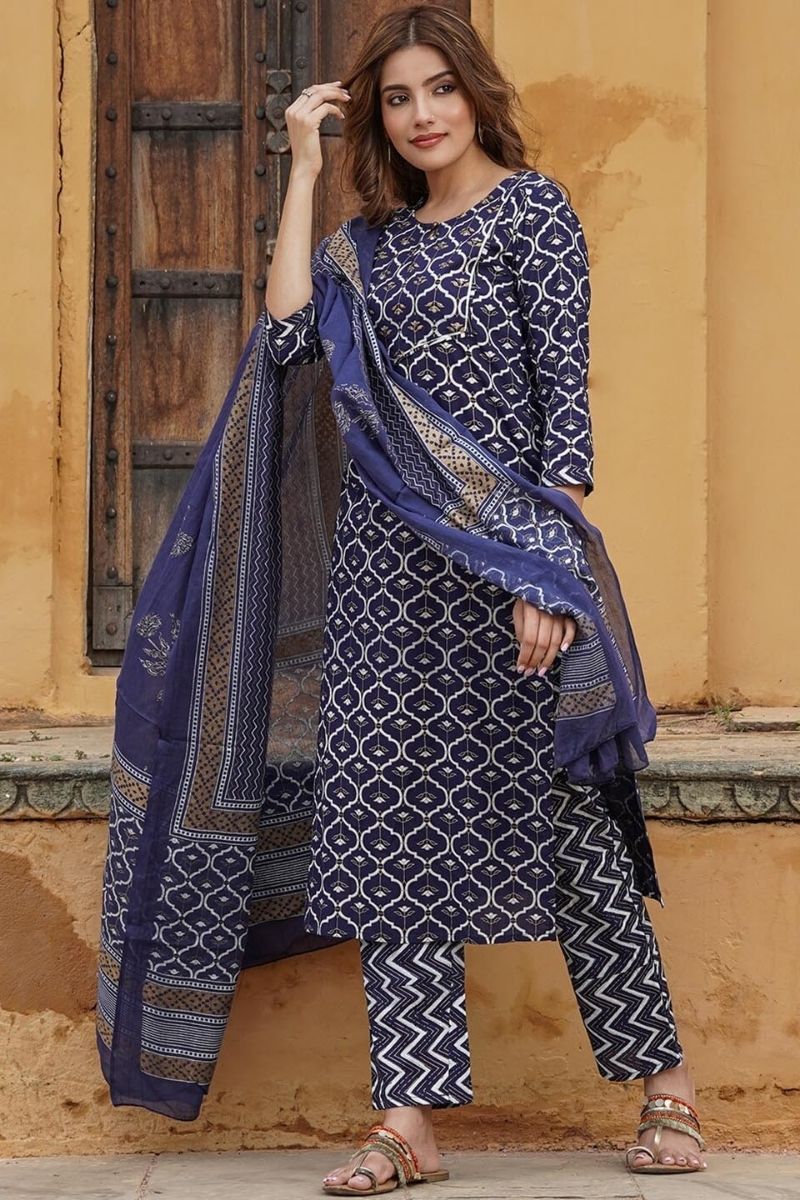 Blue Floral Printed  Viscos Rayon  Readymade Salwar Suit with Dupatta KF
