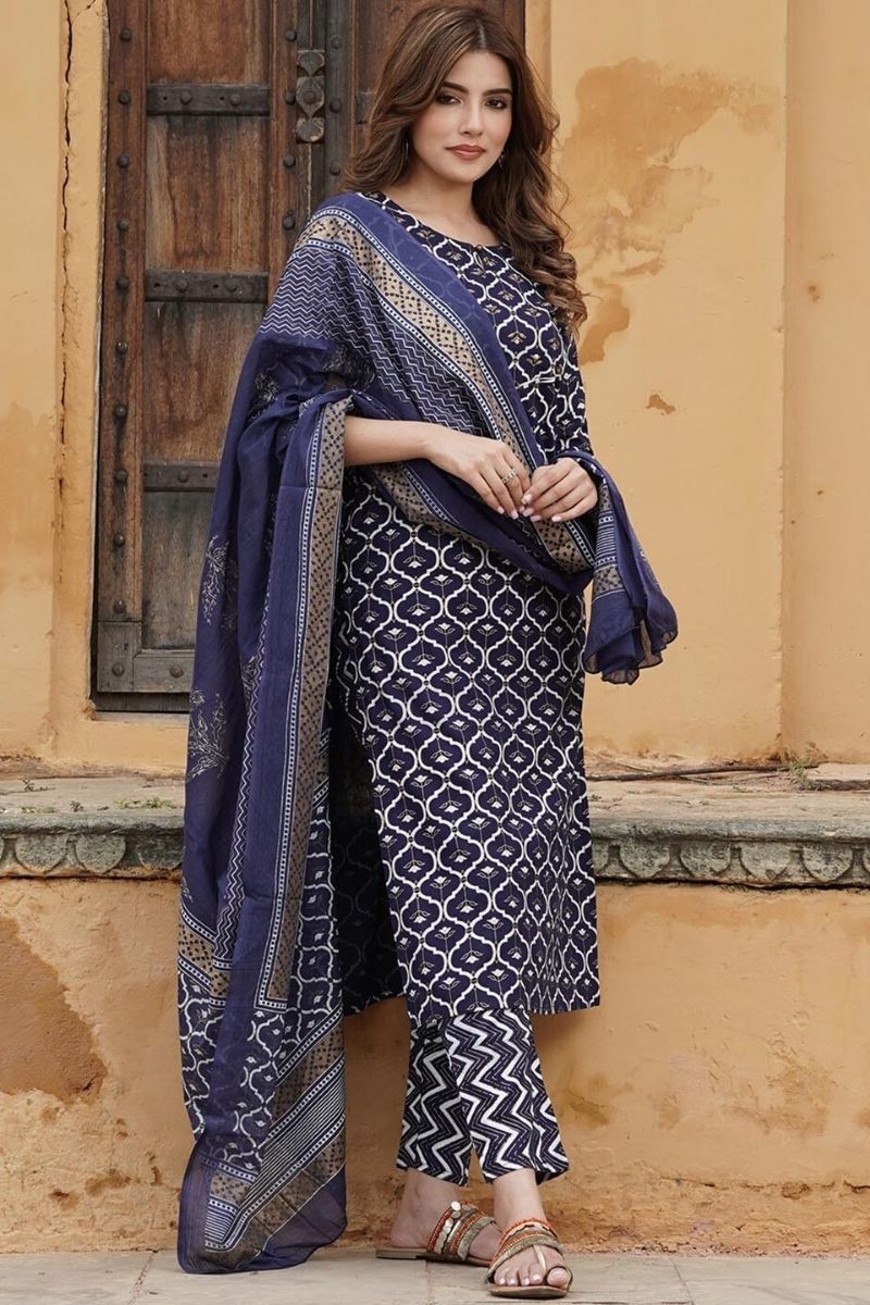 Blue Floral Printed  Viscos Rayon  Readymade Salwar Suit with Dupatta KF