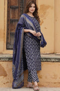 Blue Floral Printed  Viscos Rayon  Readymade Salwar Suit with Dupatta KF