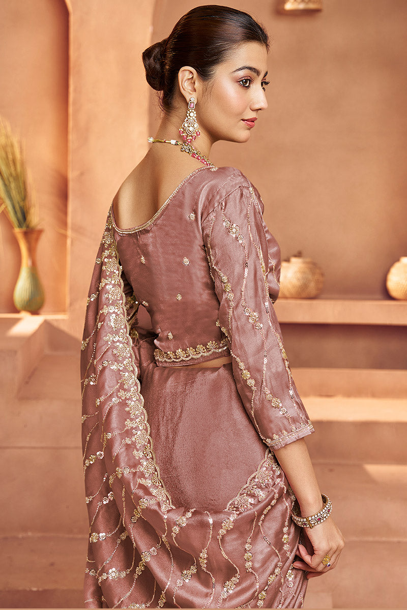 Premium Old Rose Saree with Heavy Embroidery and Blouse Fabric LF