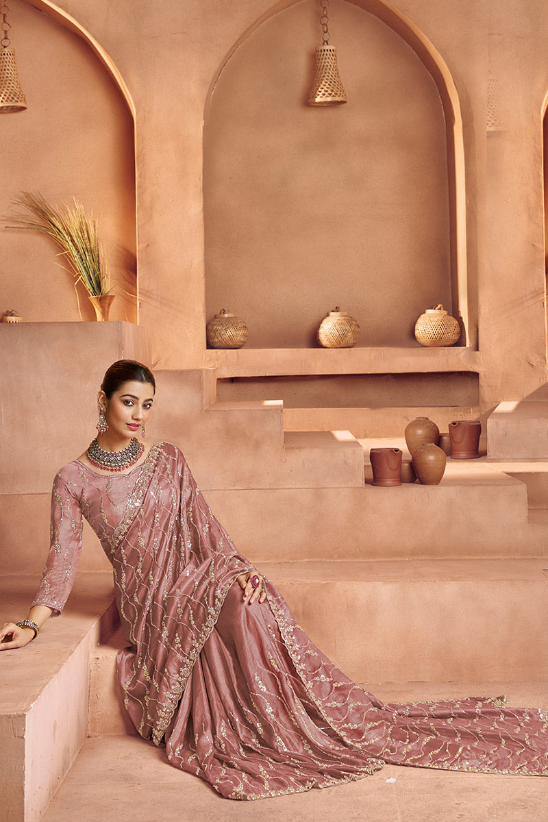 Premium Old Rose Saree with Heavy Embroidery and Blouse Fabric LF