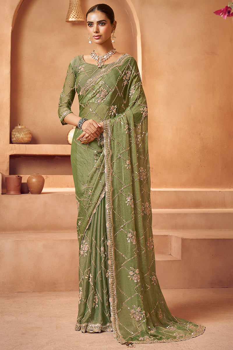 Glam Mehendi Georgette Saree – Wedding & Festive Ready LF