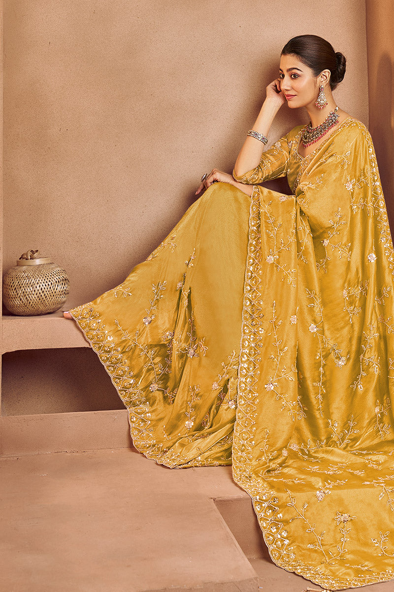 Showstopper Mustard Saree with Hand Embroidery and Blouse Piece LF