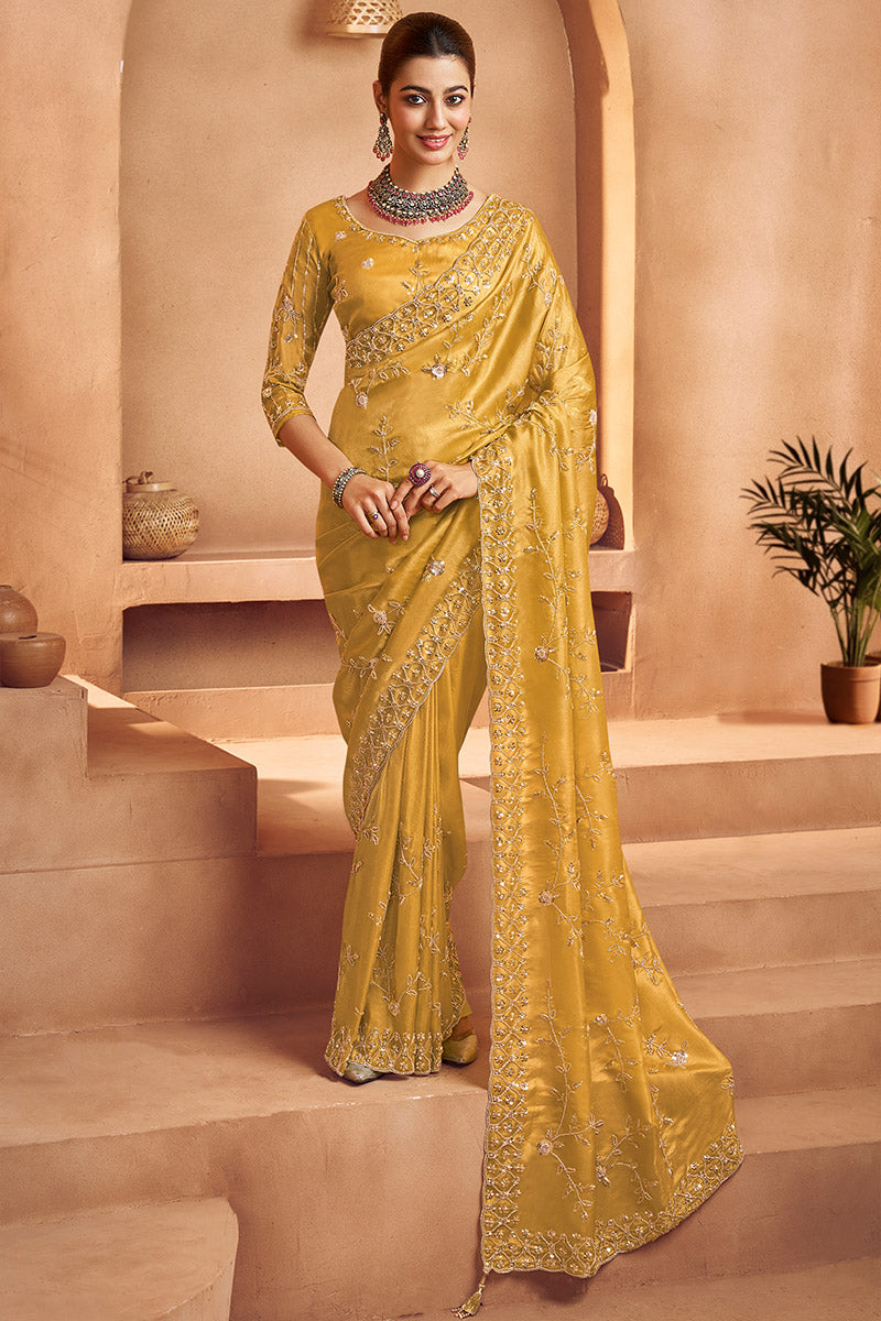 Showstopper Mustard Saree with Hand Embroidery and Blouse Piece LF