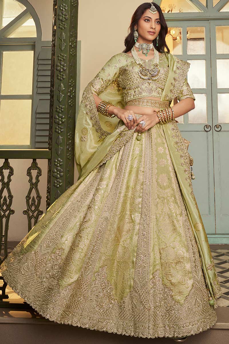 Pista Green Wedding Lehenga UK | Intricate Heritage Work & Grand Flare LF