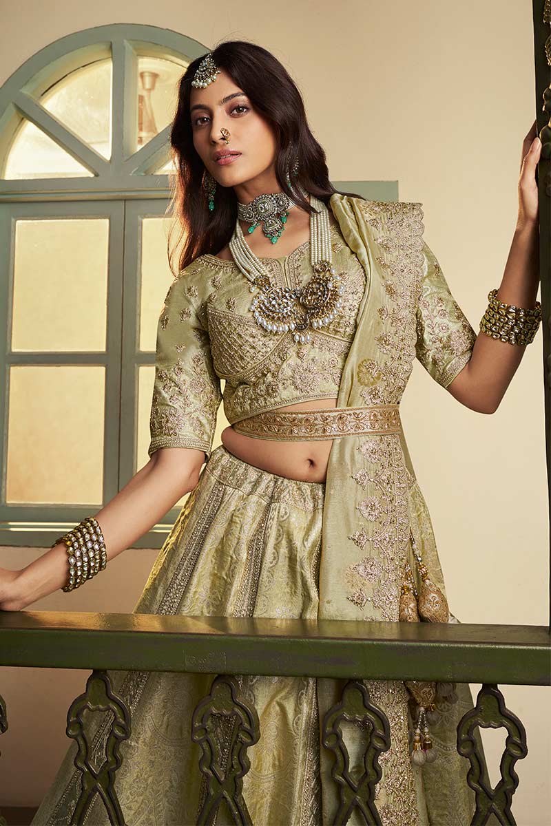 Pista Green Wedding Lehenga UK | Intricate Heritage Work & Grand Flare LF