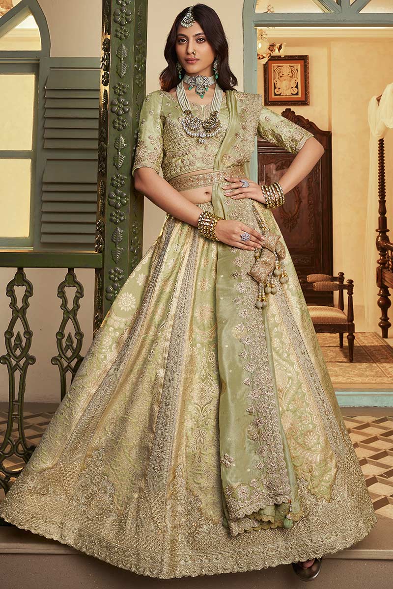 Pista Green Wedding Lehenga UK | Intricate Heritage Work & Grand Flare LF