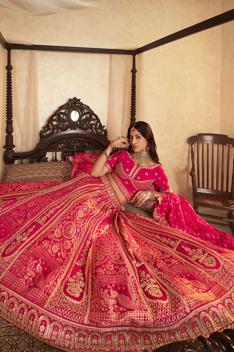 Rani Pink Wedding Lehenga UK | Traditional Zari Work & Elegant Dupatta LF