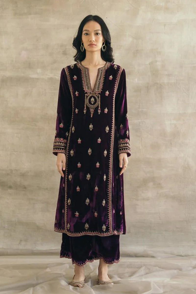 Purple Velvet Embroidered Ensemble – Party & Festive Essential LF
