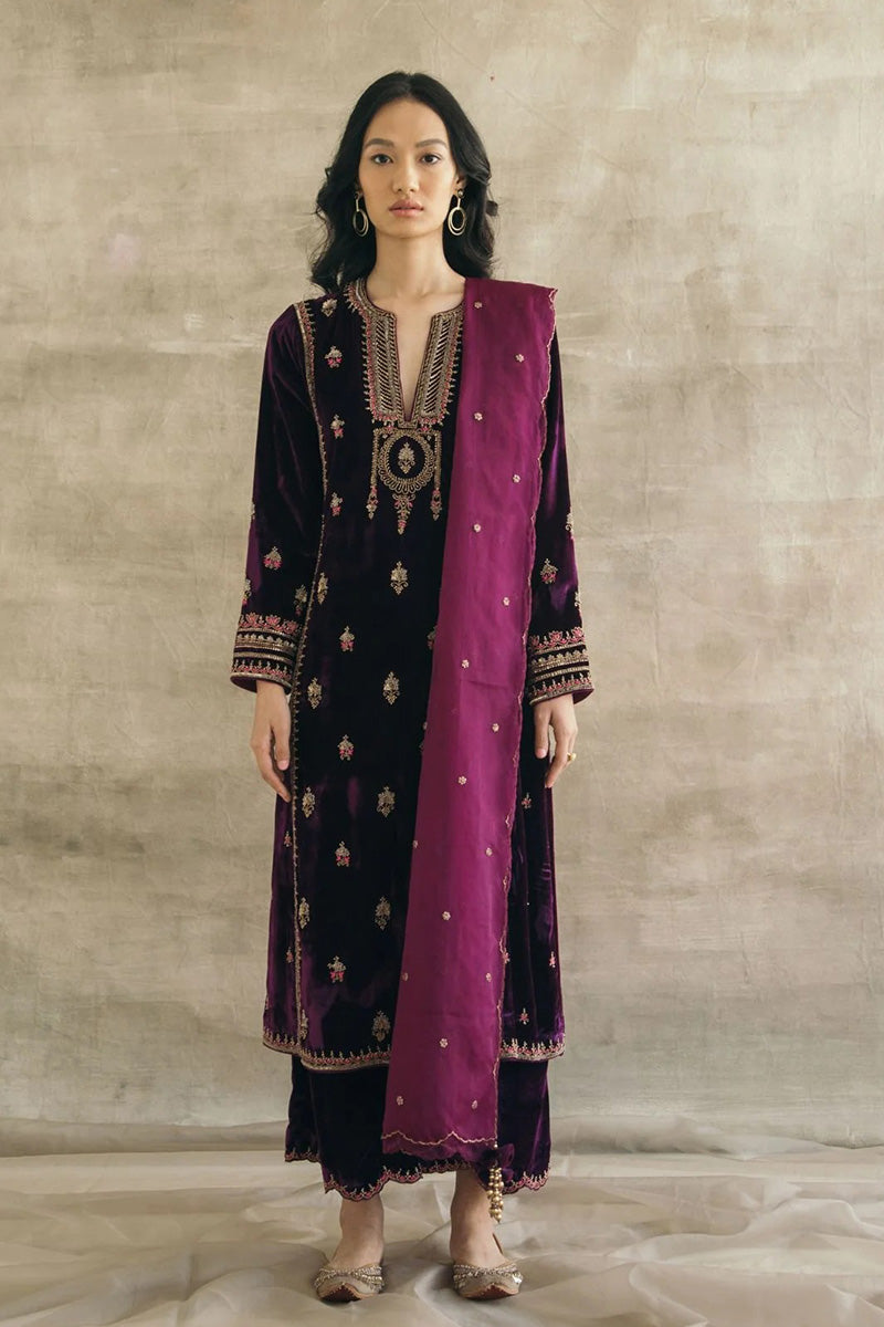 Purple Velvet Embroidered Ensemble – Party & Festive Essential LF