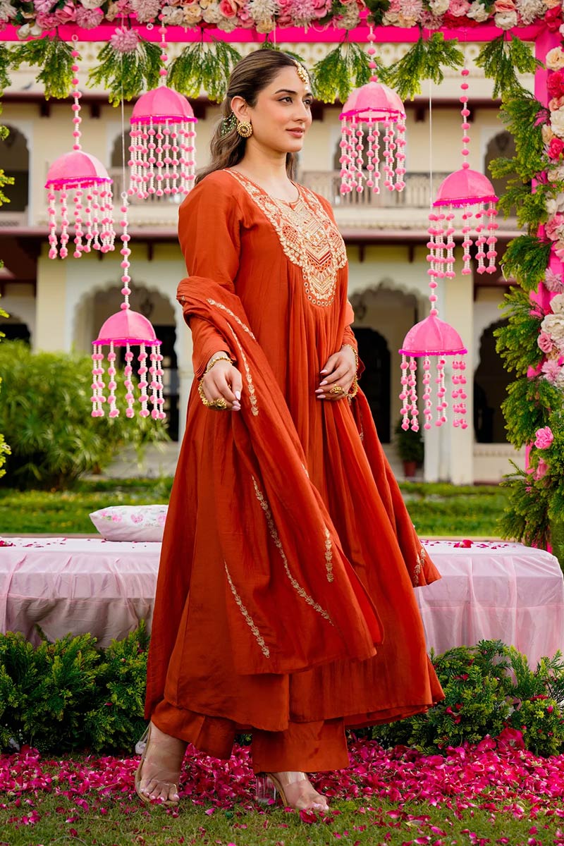 Rust Designer Salwar Suit Set – Floral Embroidery, Party & Festival Ready LF