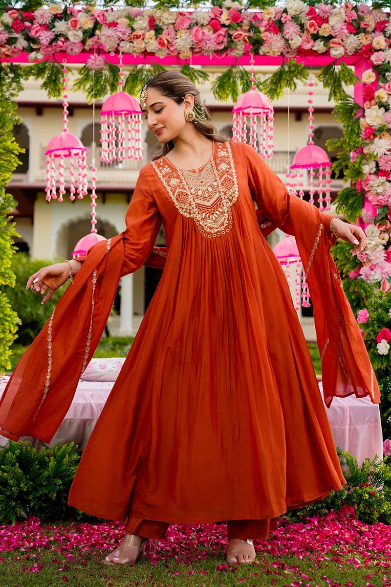 Rust Designer Salwar Suit Set – Floral Embroidery, Party & Festival Ready LF