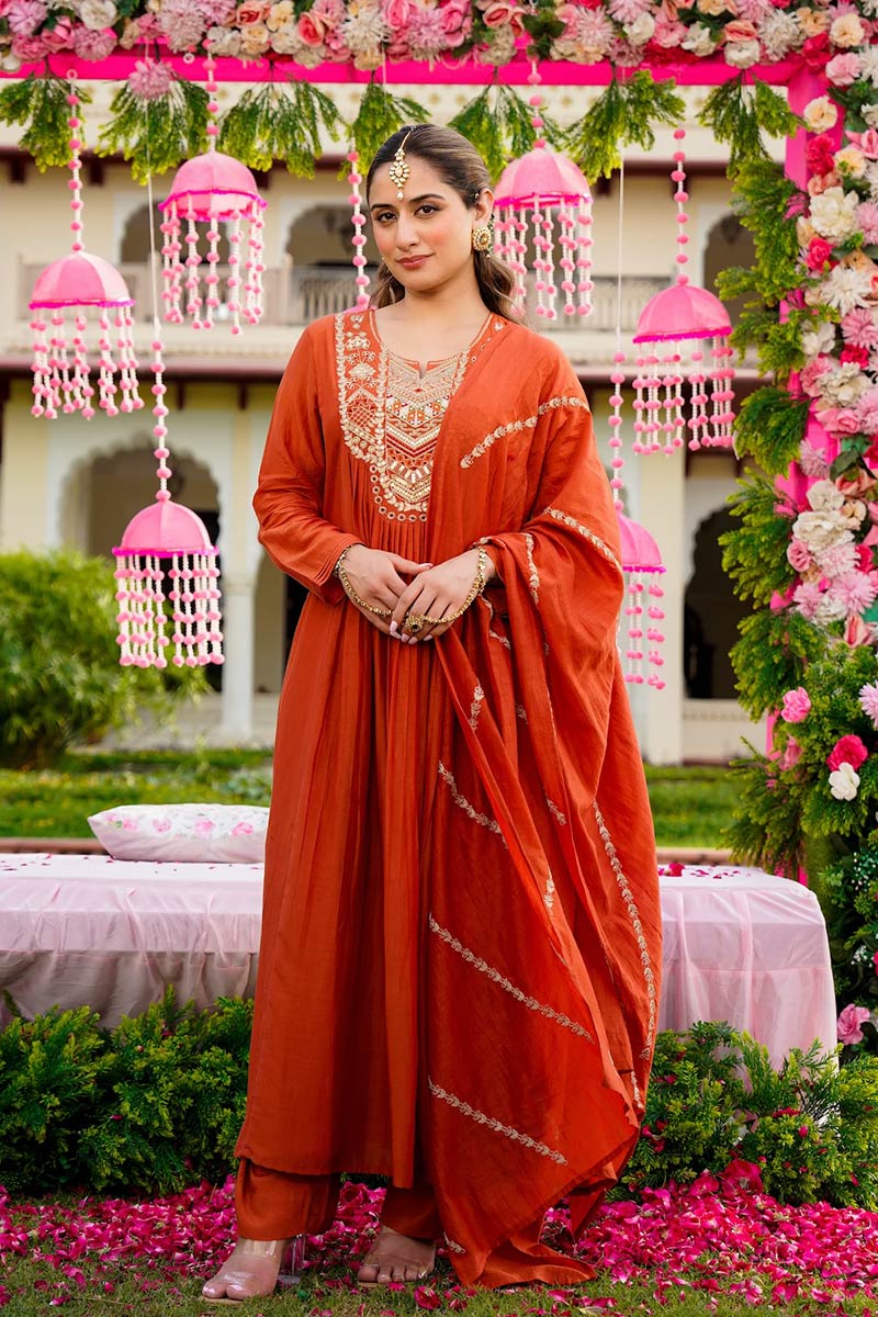 Rust Designer Salwar Suit Set – Floral Embroidery, Party & Festival Ready LF