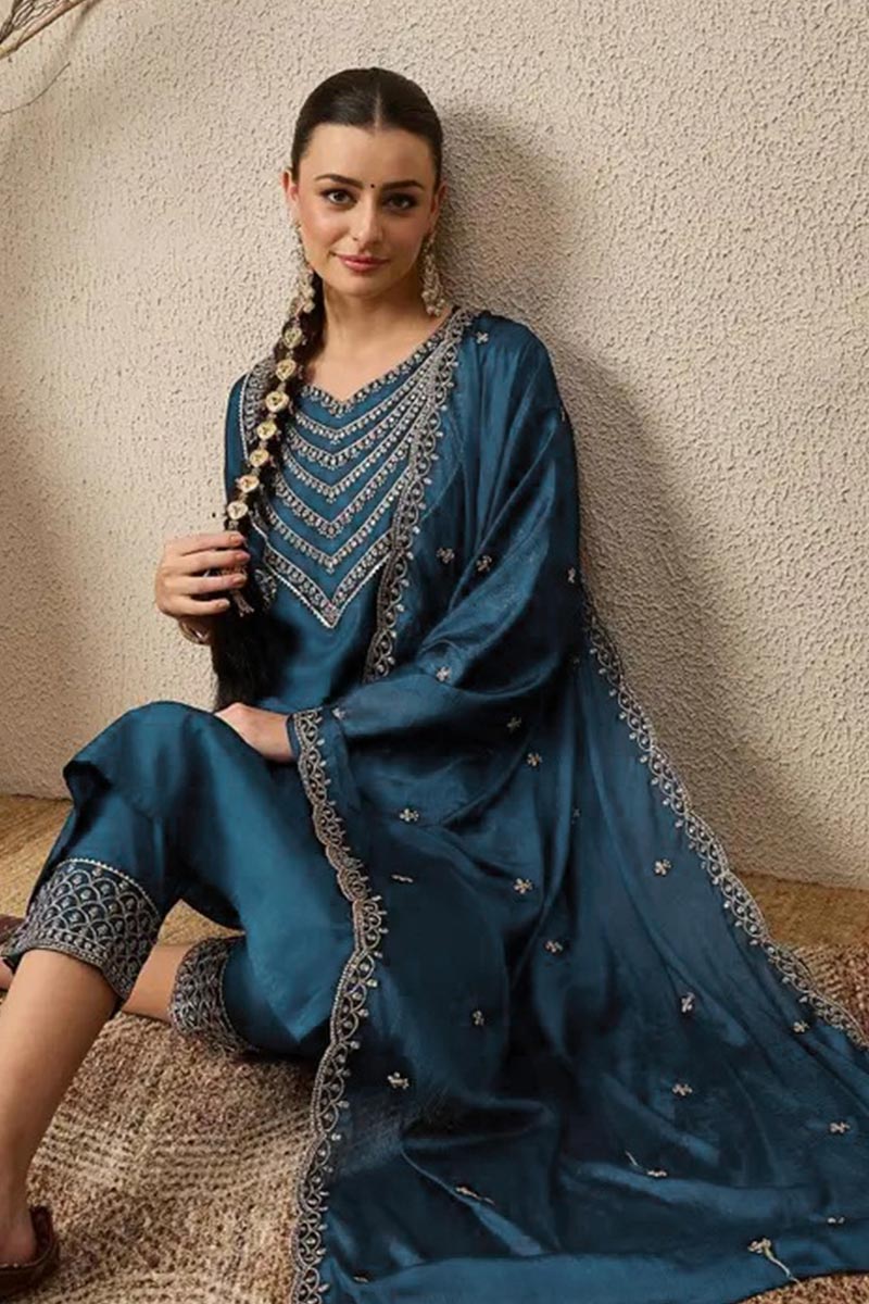 Women’s Blue Salwar Kameez with Banarasi-Style Dupatta – Indian Ethnic Dress LF