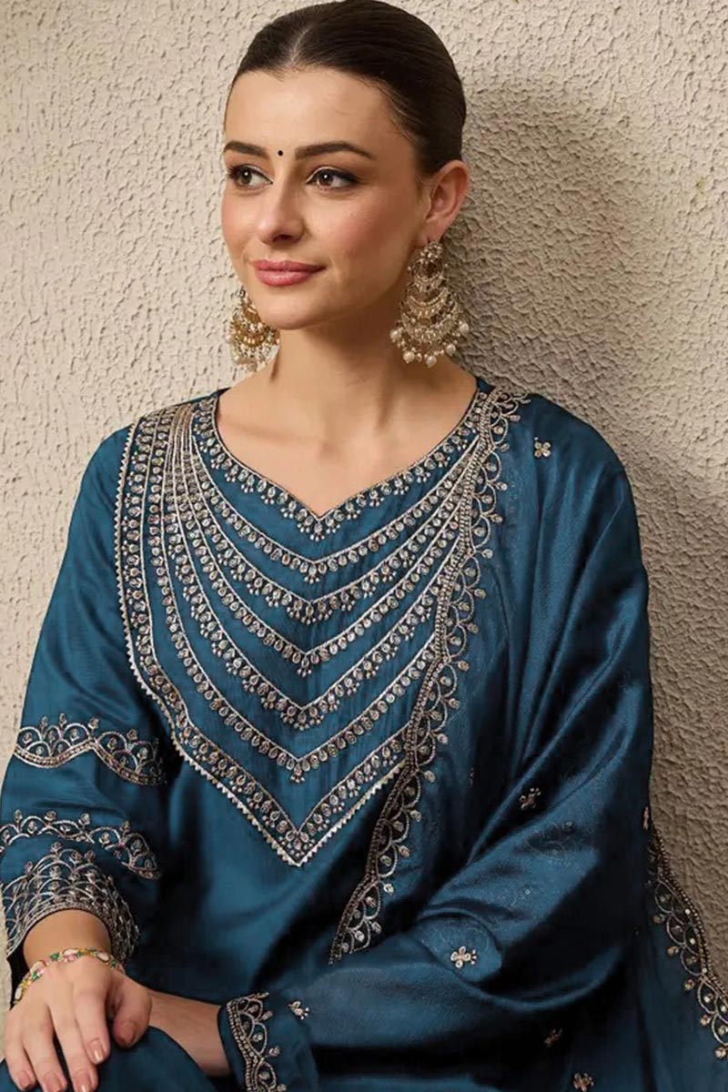 Women’s Blue Salwar Kameez with Banarasi-Style Dupatta – Indian Ethnic Dress LF