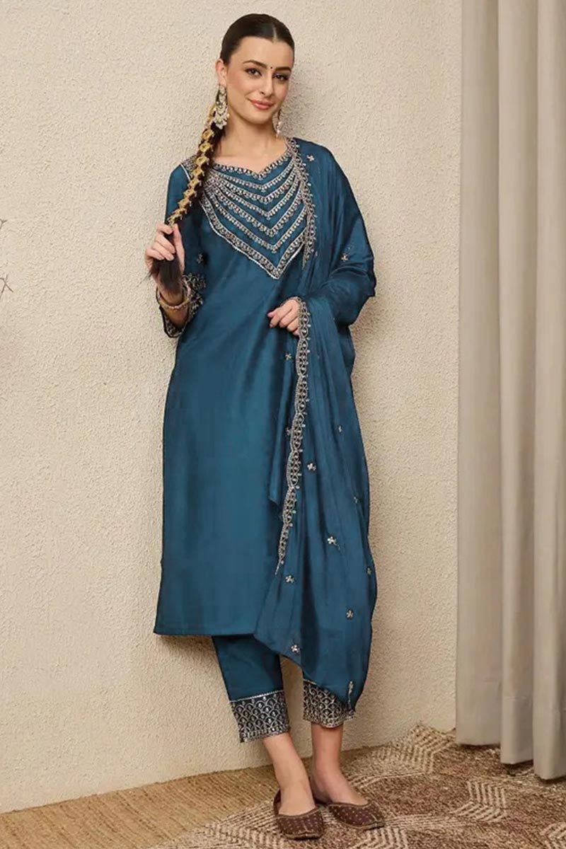 Women’s Blue Salwar Kameez with Banarasi-Style Dupatta – Indian Ethnic Dress LF
