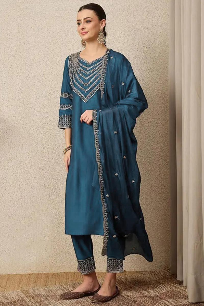 Women’s Blue Salwar Kameez with Banarasi-Style Dupatta – Indian Ethnic Dress LF