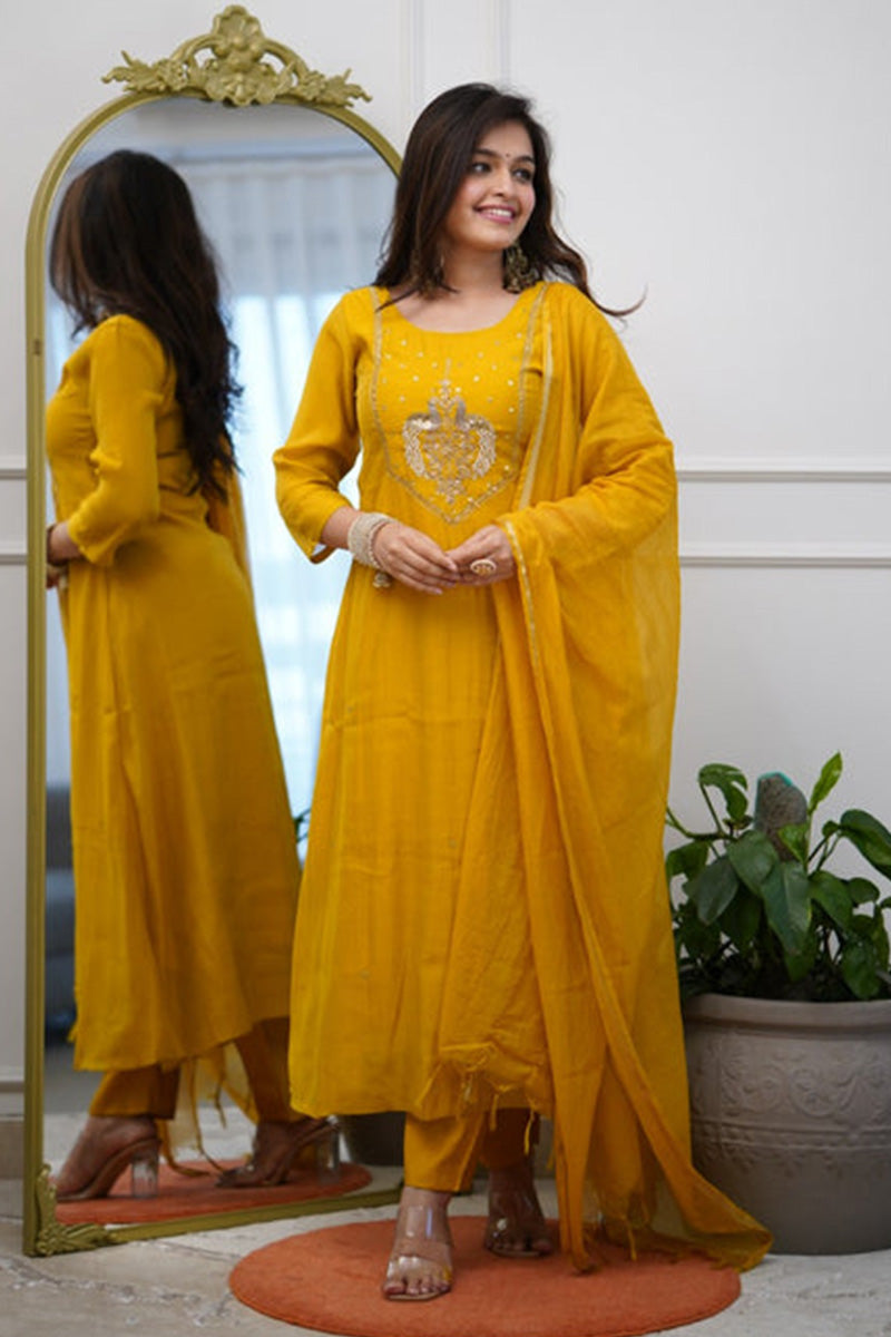 Yellow Designer Churidar Suit Set – Floral Embroidery, Party & Festival Ready LF
