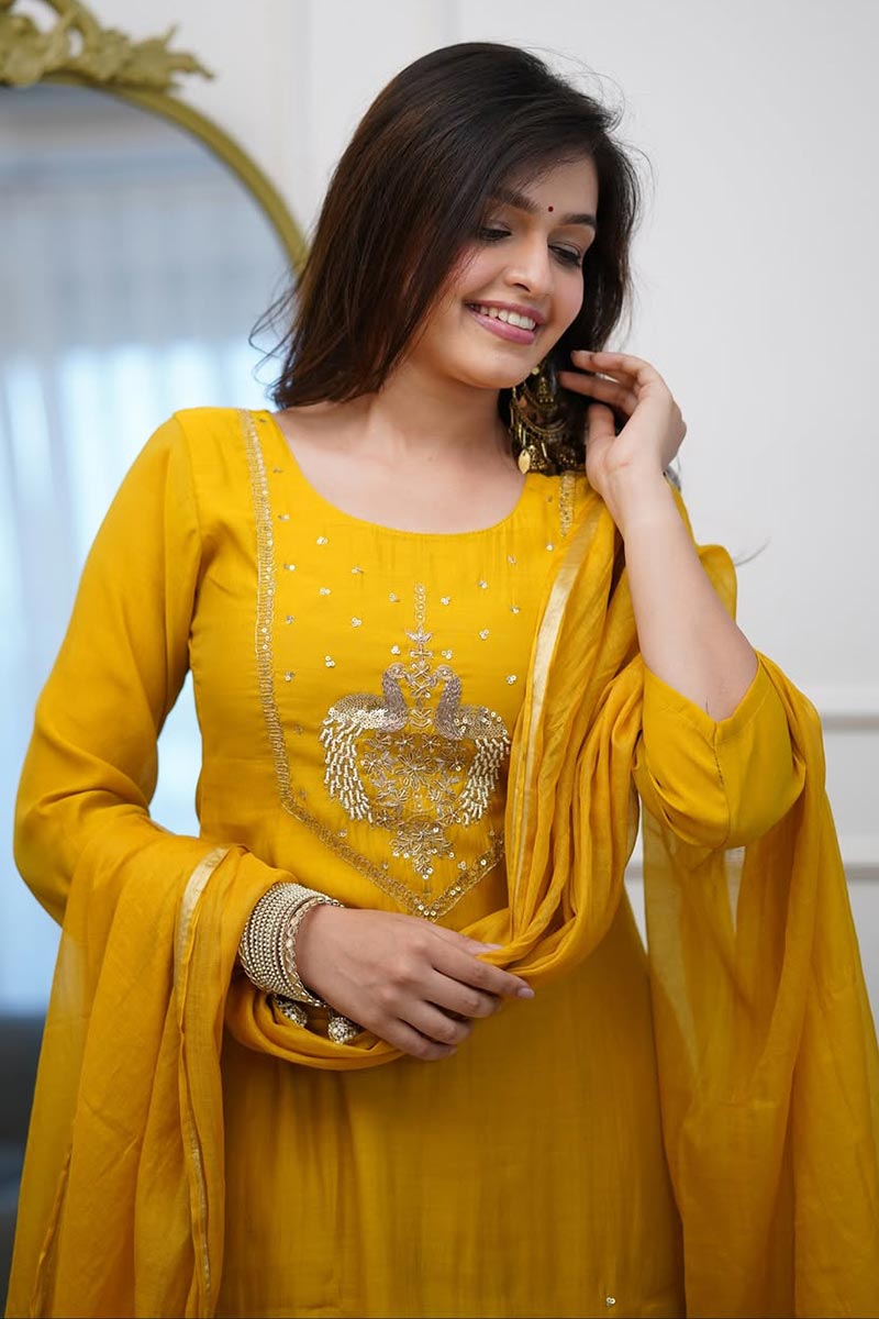 Yellow Designer Churidar Suit Set – Floral Embroidery, Party & Festival Ready LF