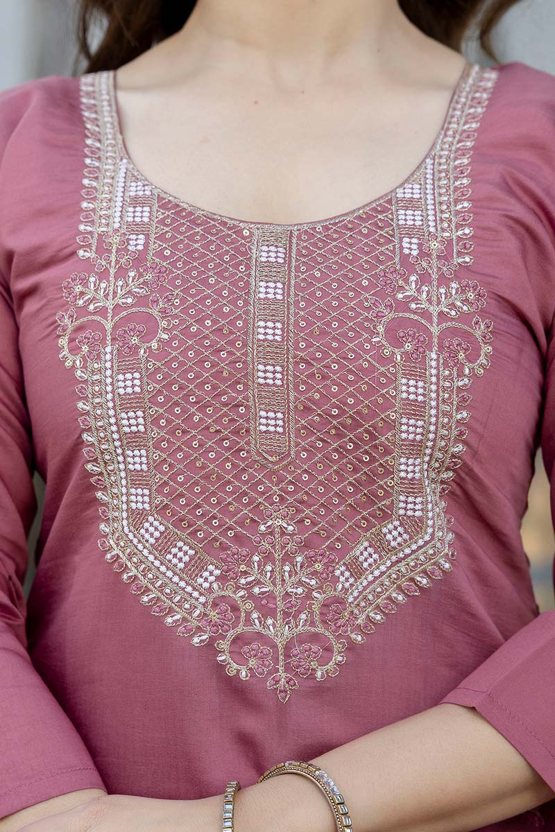 Dusty Pink Traditional Salwar Kameez with Organza-Style Dupatta – Ethnic Dress LF