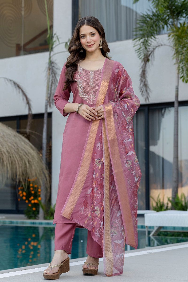 Dusty Pink Traditional Salwar Kameez with Organza-Style Dupatta – Ethnic Dress LF
