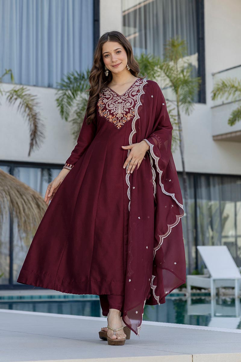 Maroon Embroidered Indian Suit – Stylish Salwar Kameez for Women LF